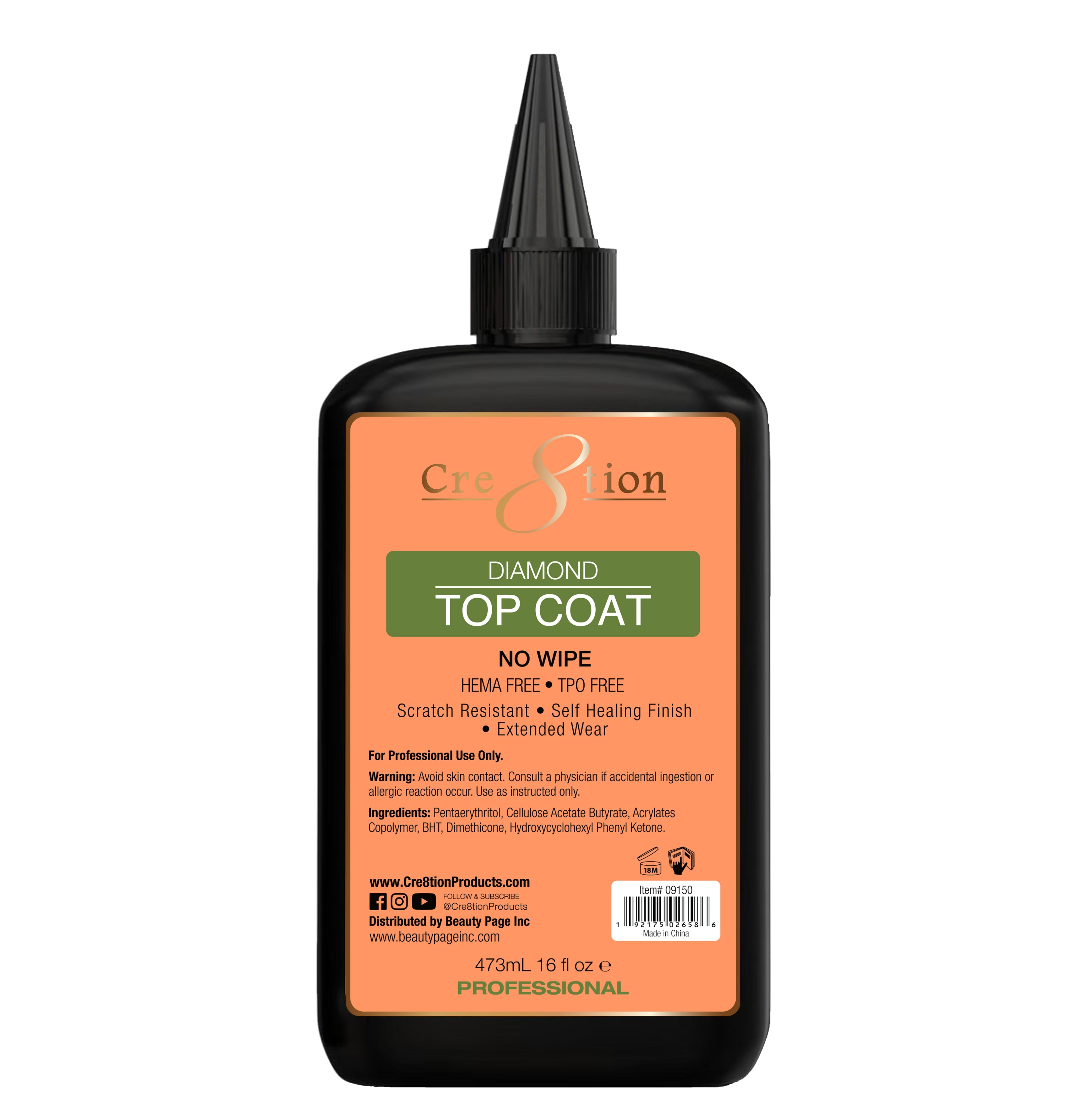 Cre8tion Diamond Soak Off Gel No Wipe Top Coat 16oz Refill (HEMA/TPO Free)