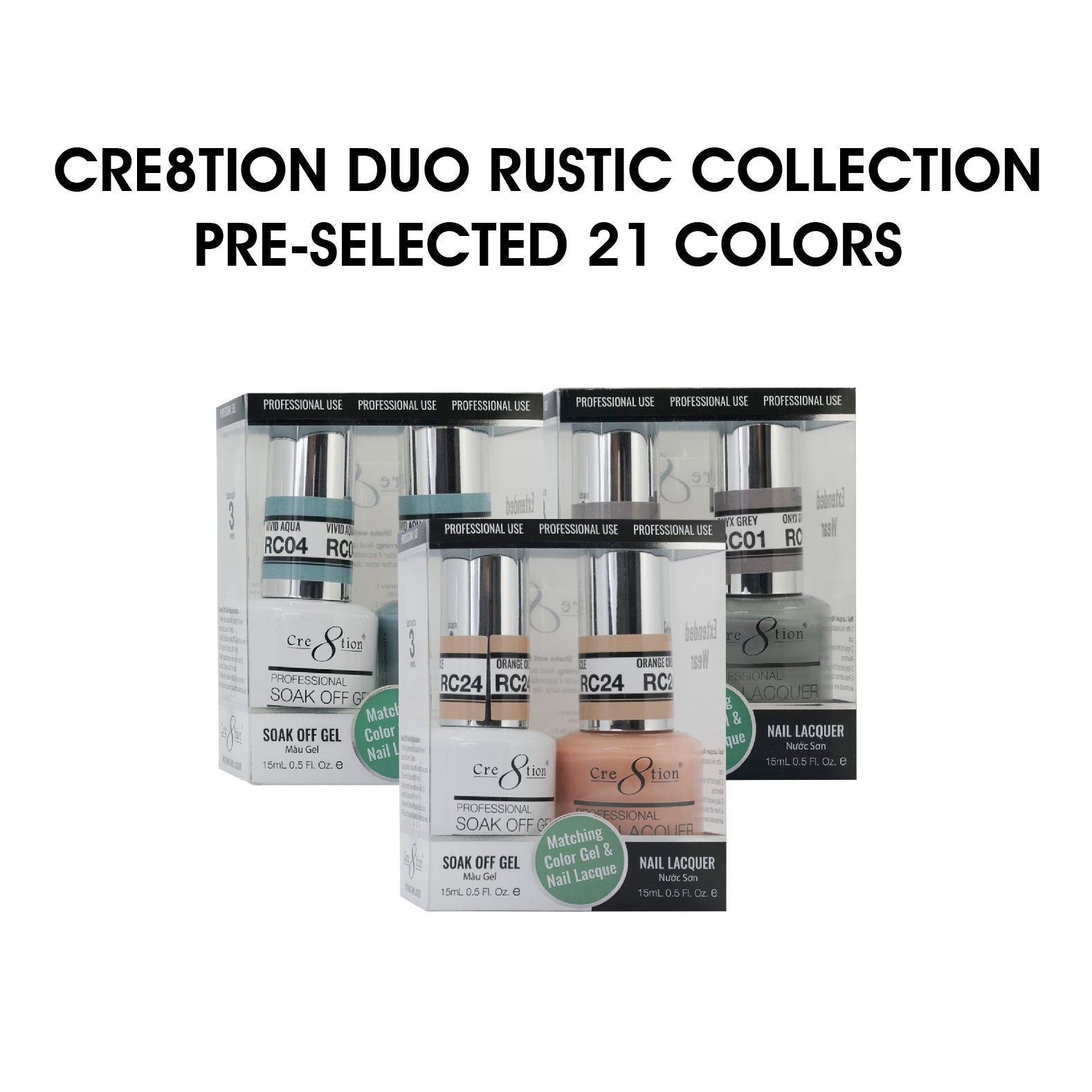 Cre8tion Soak Off Gel Matching Pair 0.5oz - Rustic Collection - Pre-selected 21 colors (Grab Bag)
