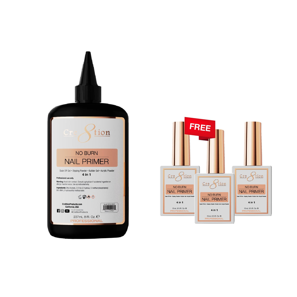 [Bonus Combo] Cre8tion No Burn Nail Primer 8oz - with 3 Free Size 0.5oz