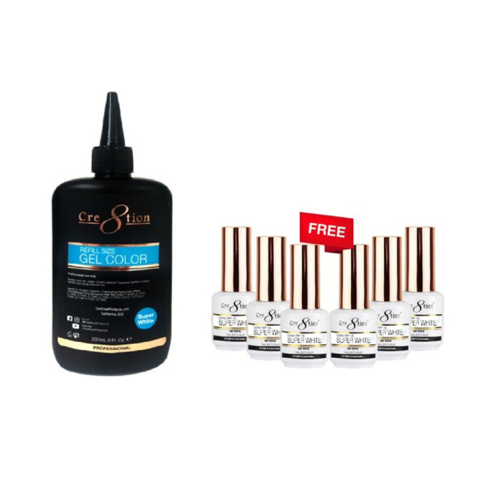 [Bonus Combo] Cre8tion Soak Off Gel Super White 8oz Refill - with 6 Free Size 0.5oz