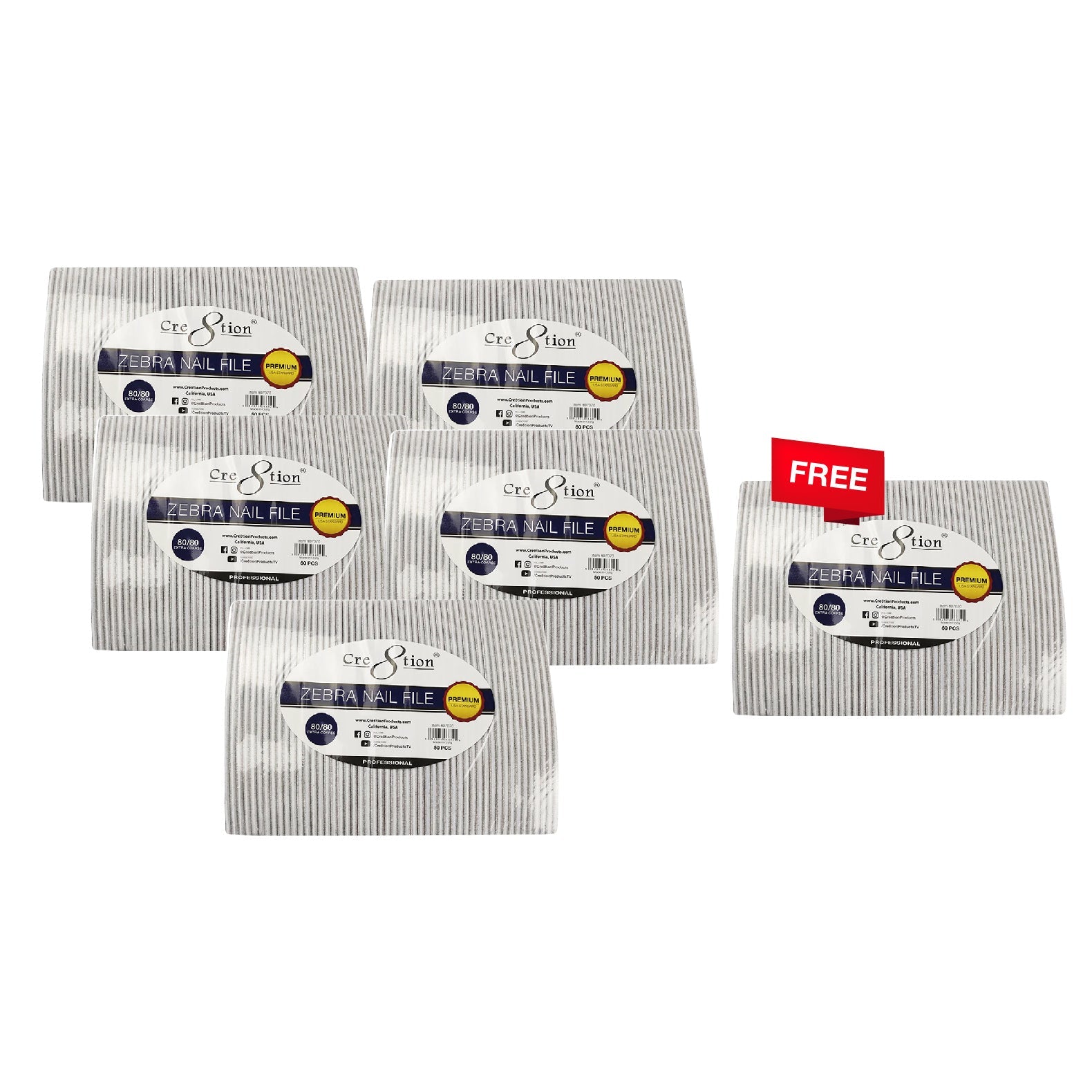 [6 Pack Bonus] Cre8tion Nail Files Zebra Grit 80/80 - USA Standard (Compare - Buy 5 Get 1 Free)