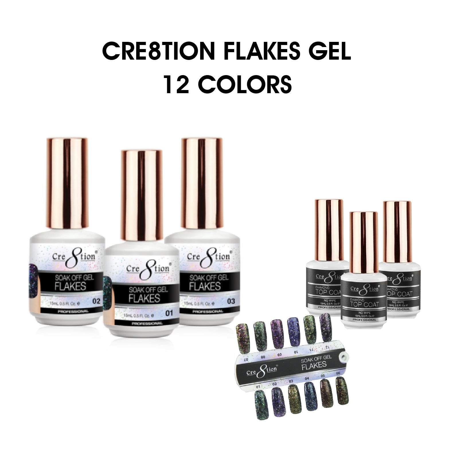 Cre8tion Flakes Gel 0.5oz - Full Set 12 colors w/ 3 Top Diamond 0.5oz & 1 set Color Chart