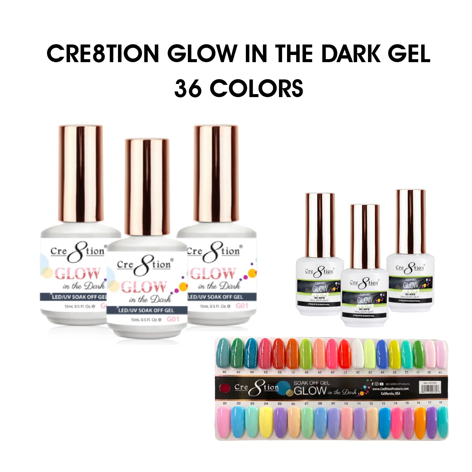 Cre8tion Glow in the Dark Gel 0.5oz - Full Set 36 colors w/ 3 Top Glow in the Dark 0.5oz & 1 Color Chart