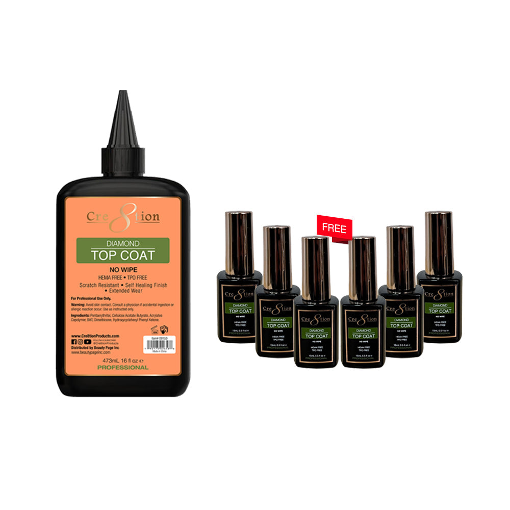[Bonus Combo] Cre8tion Gel Diamond No Wipe Top Coat 16oz Refill (HEMA/TPO Free) - with 6 Free Size 0.5oz