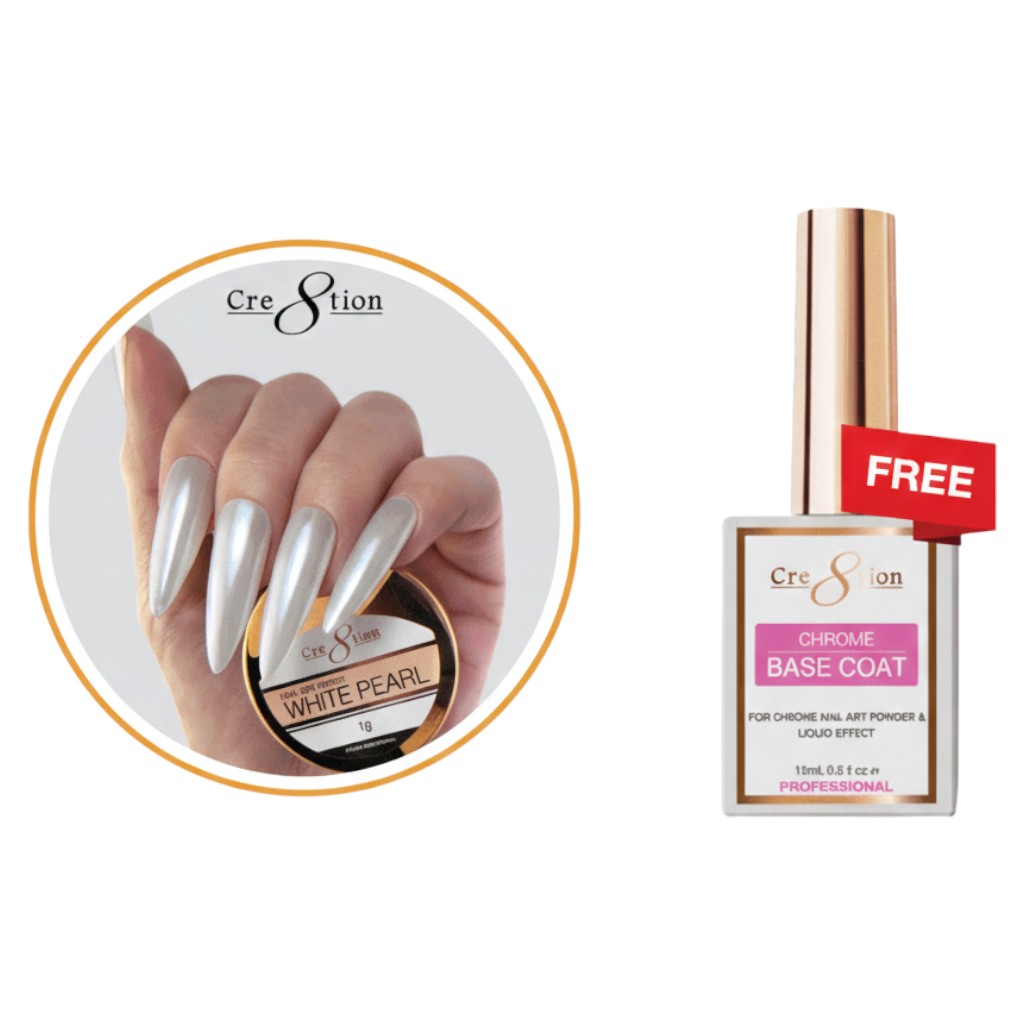 [Bonus Combo] Cre8tion White Pearl Chrome Nail Art Effect 1g - with 1 Free Chrome Base 0.5oz