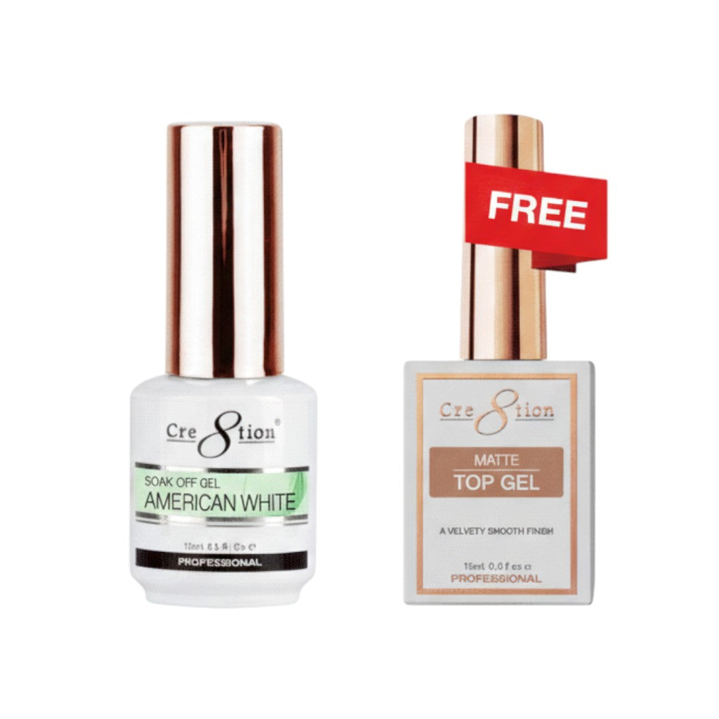[Bonus Combo] Cre8tion Soak Off Gel System - American White 0.5oz - with 1 Free Super Matte Top 0.5oz