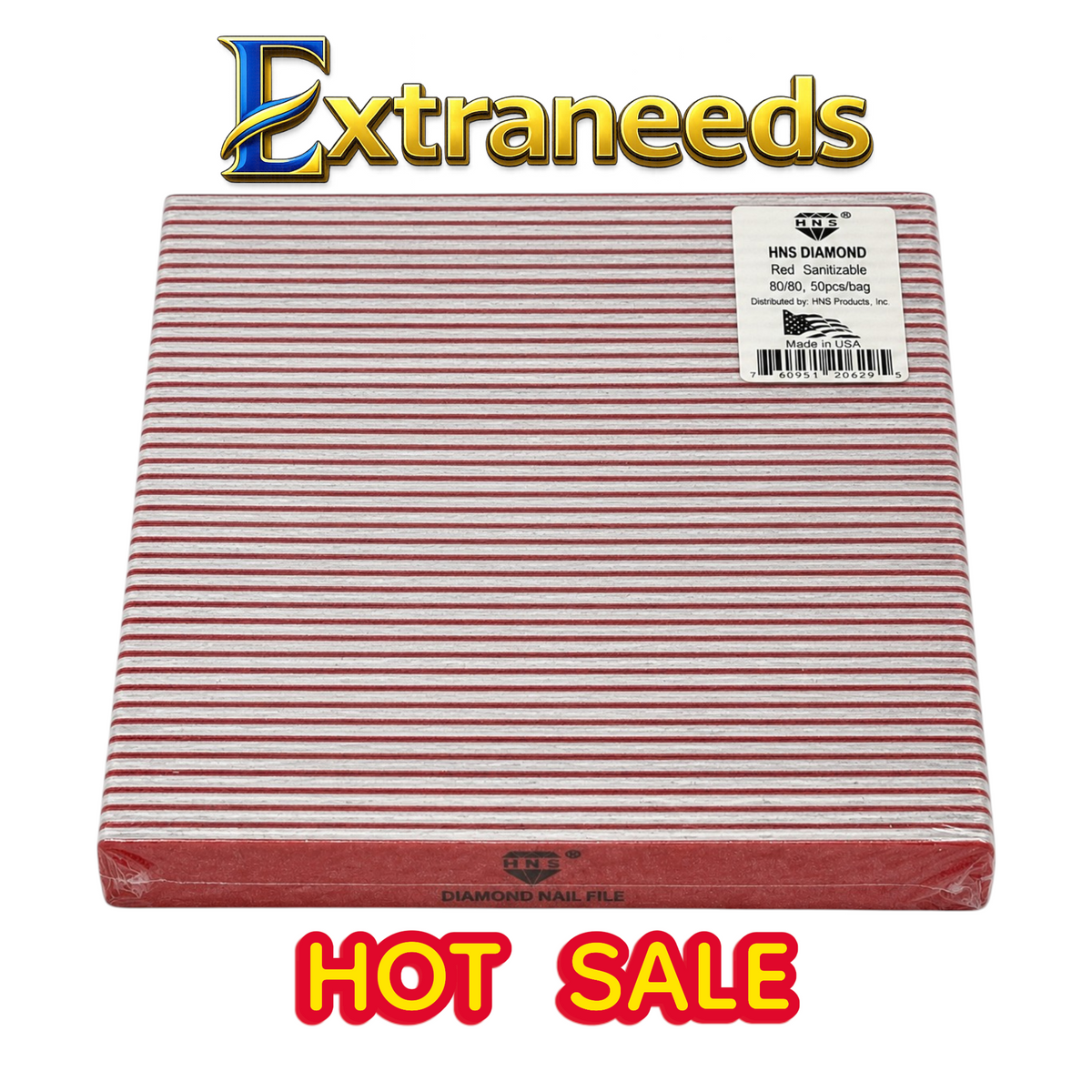 HNS DIAMOND NAIL FILES RED SQUARE SANITIZABLE 80/80 IN BAG 50PCS