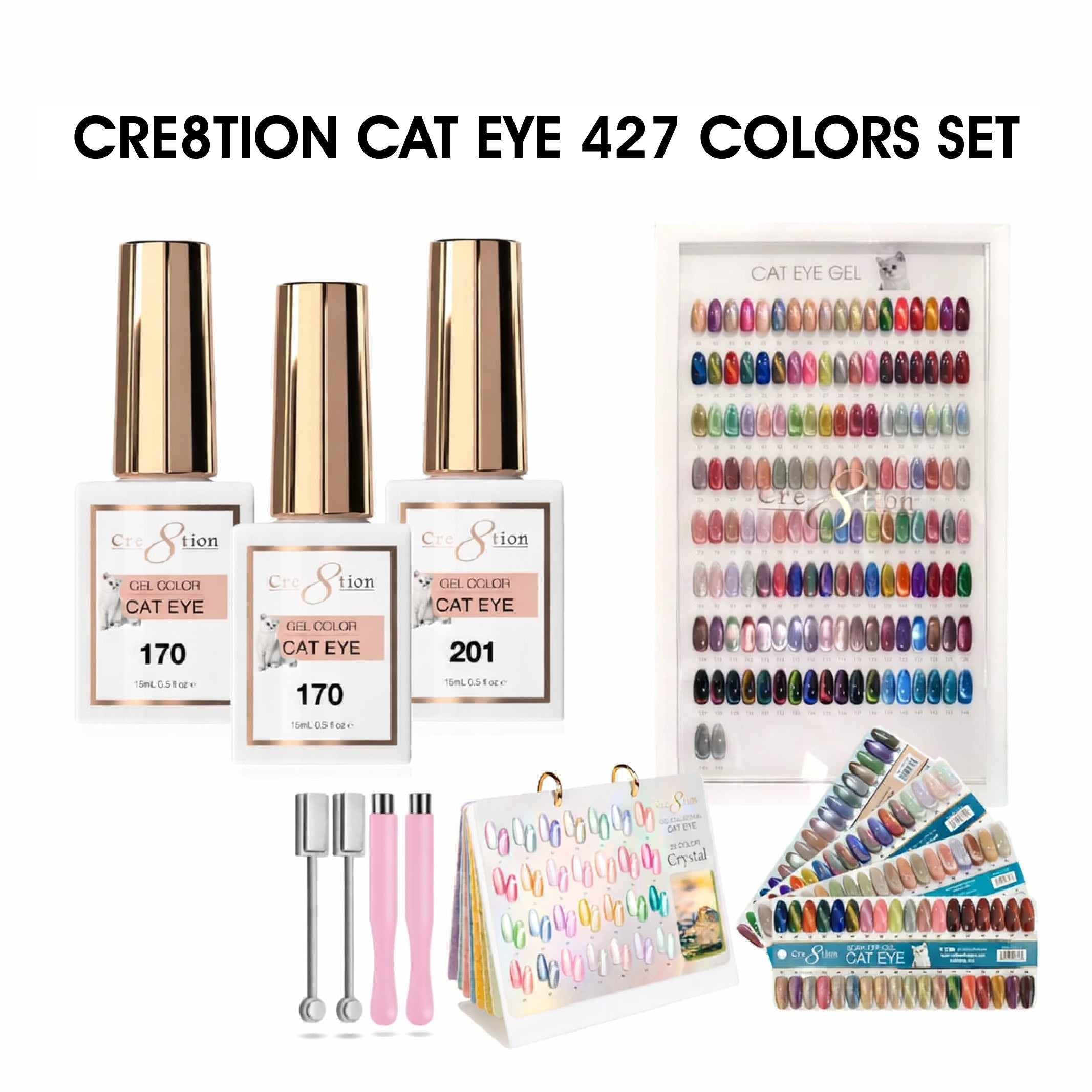 Cre8tion Cat Eye Gel 0.5oz - Full Set 427 Colors w/ 2 Round Magnet, 2 Magnet Duo, 1 Color Chart, 1 Calendar Display & 1 Color Book