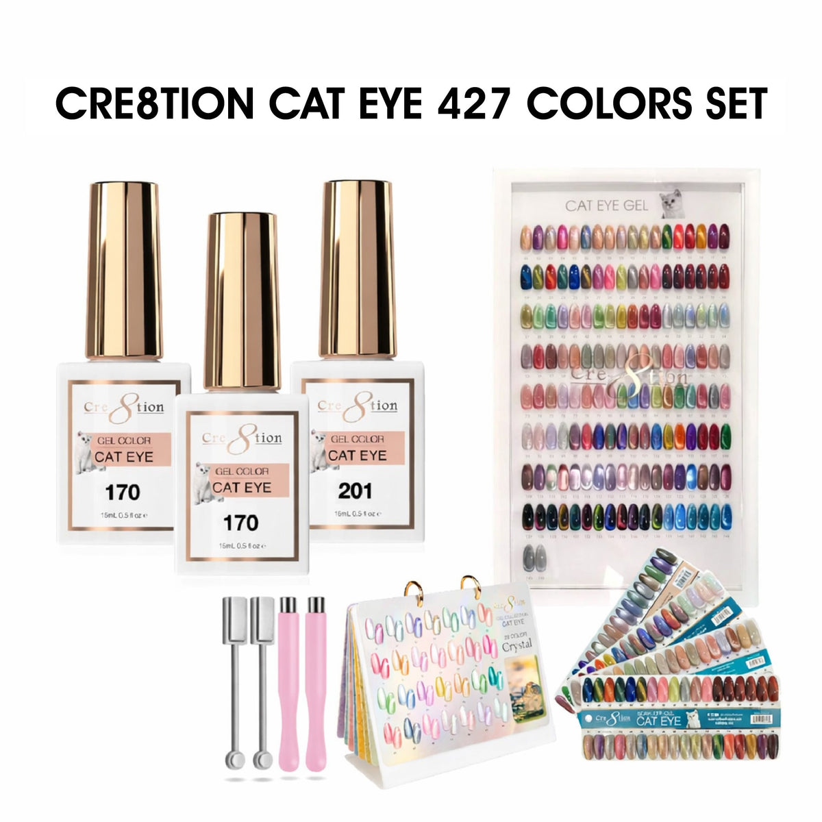 Cre8tion Cat Eye Gel 0.5oz - Full Set 427 Colors w/ 2 Round Magnet, 2 Magnet Duo, 1 Color Chart, 1 Calendar Display & 1 Color Book