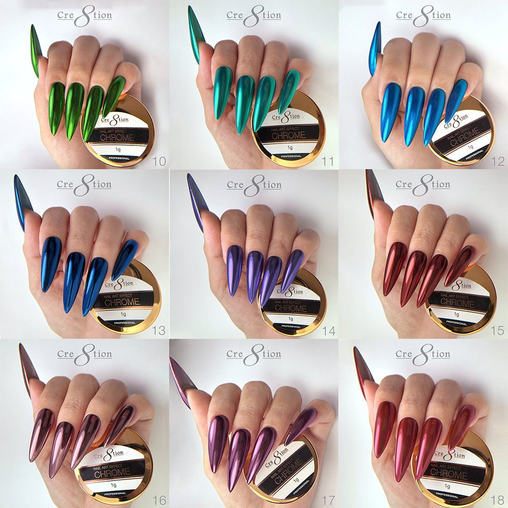Cre8tion Chrome Nail Art Effect 1g - Full set 36 Colors (#01 - #36) w/ 1 Chrome Base & 1 Chrome Top 0.5oz