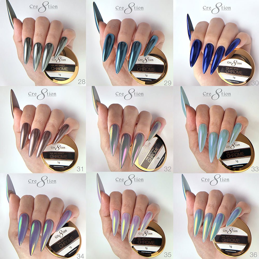 Cre8tion Chrome Nail Art Effect 1g - Full set 36 Colors (#01 - #36) w/ 1 Chrome Base & 1 Chrome Top 0.5oz
