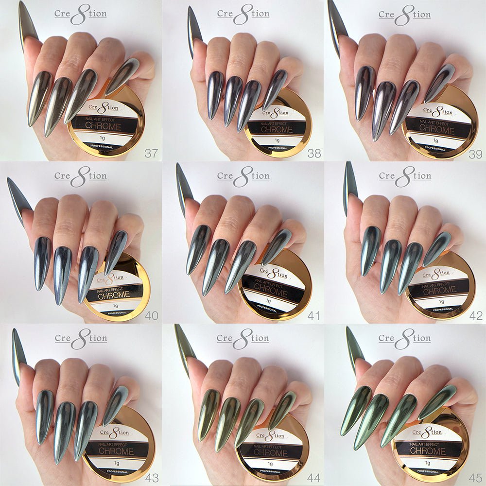 Cre8tion Chrome Nail Art Effect 1g - Full set 18 Colors (#37 - #54) w/ 1 Chrome Base & 1 Chrome Top 0.5oz