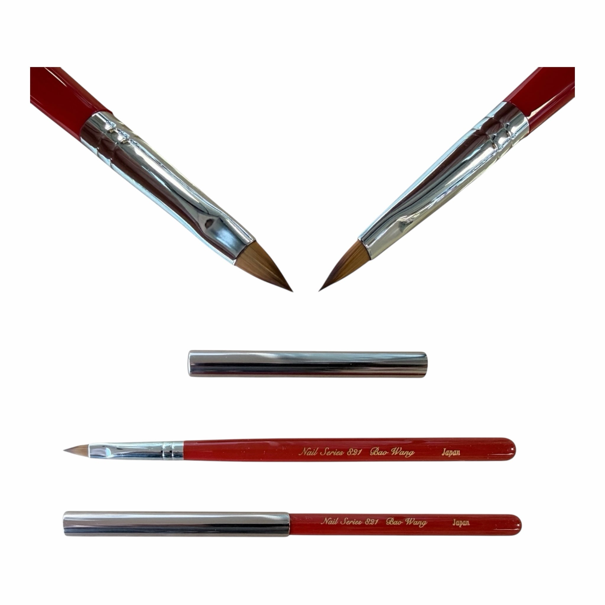 My Store Bao Wang 821 professional nail art brush with a red ergonomic handle, fine bristles, and a metallic cap.